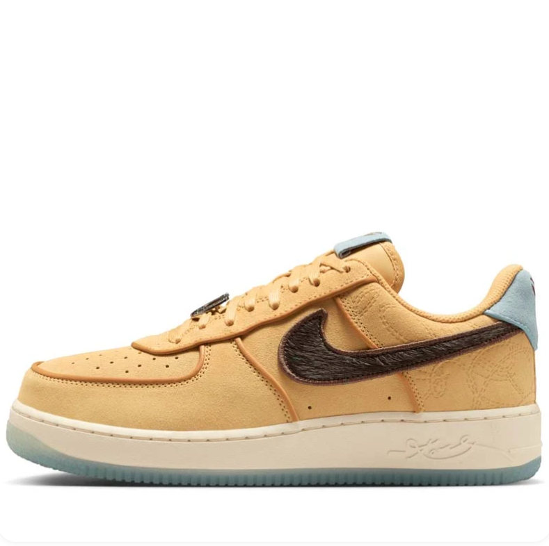 Nike Air Force 1 Low Sneakers - Golden Tan with Brown Swooshes & Pale Blue Accents