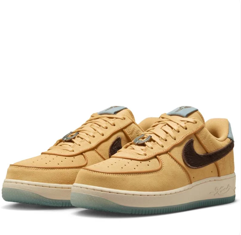 Nike Air Force 1 Low Sneakers - Golden Tan with Brown Swooshes & Pale Blue Accents