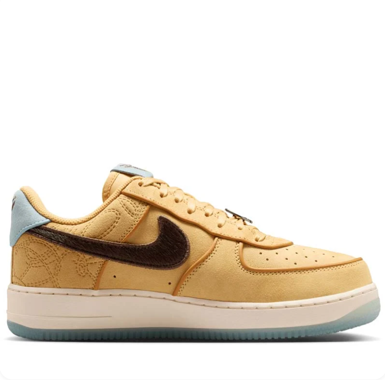 Nike Air Force 1 Low Sneakers - Golden Tan with Brown Swooshes & Pale Blue Accents