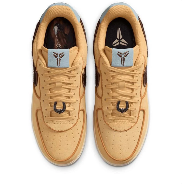 Nike Air Force 1 Low Sneakers - Golden Tan with Brown Swooshes & Pale Blue Accents
