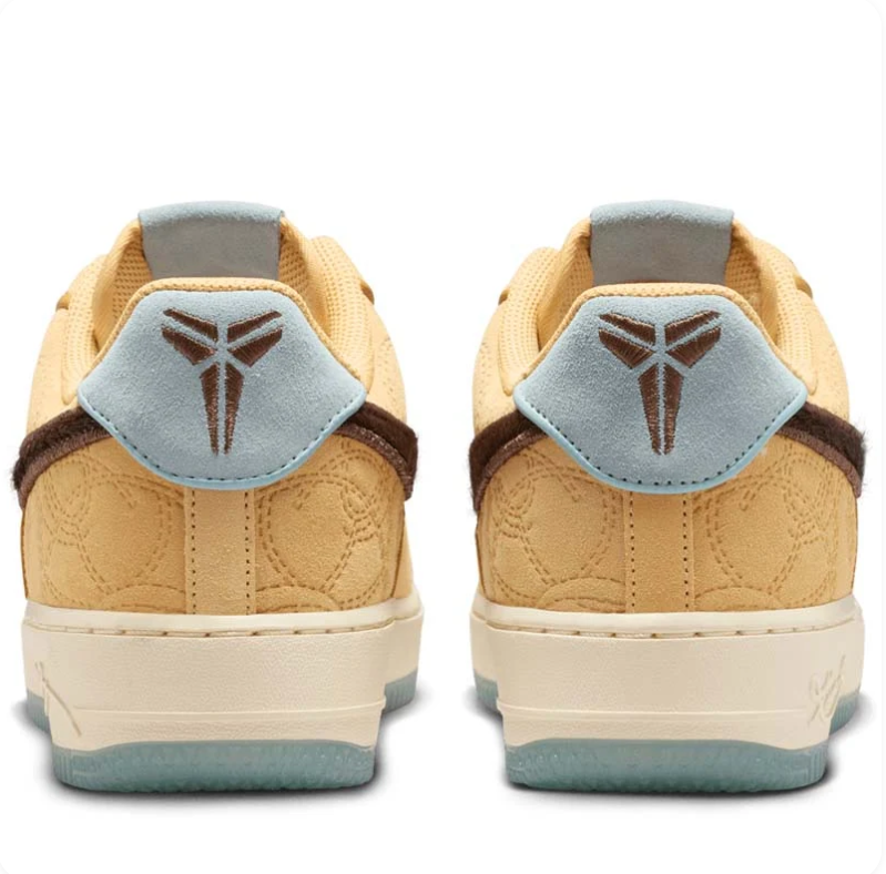 Nike Air Force 1 Low Sneakers - Golden Tan with Brown Swooshes & Pale Blue Accents