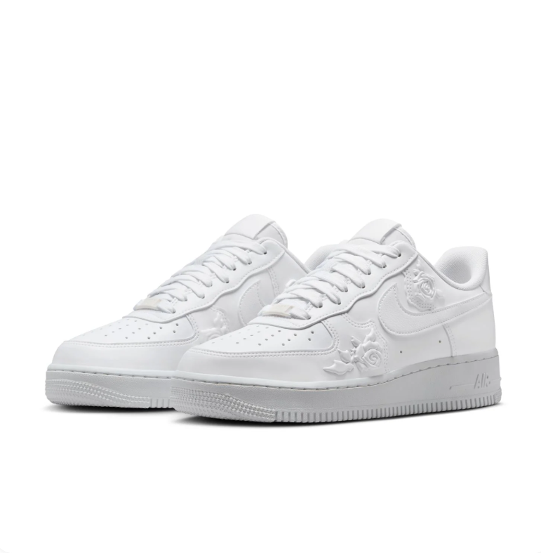 Nike Air Force 1 Low Sneakers - All White with Raised Rose Details