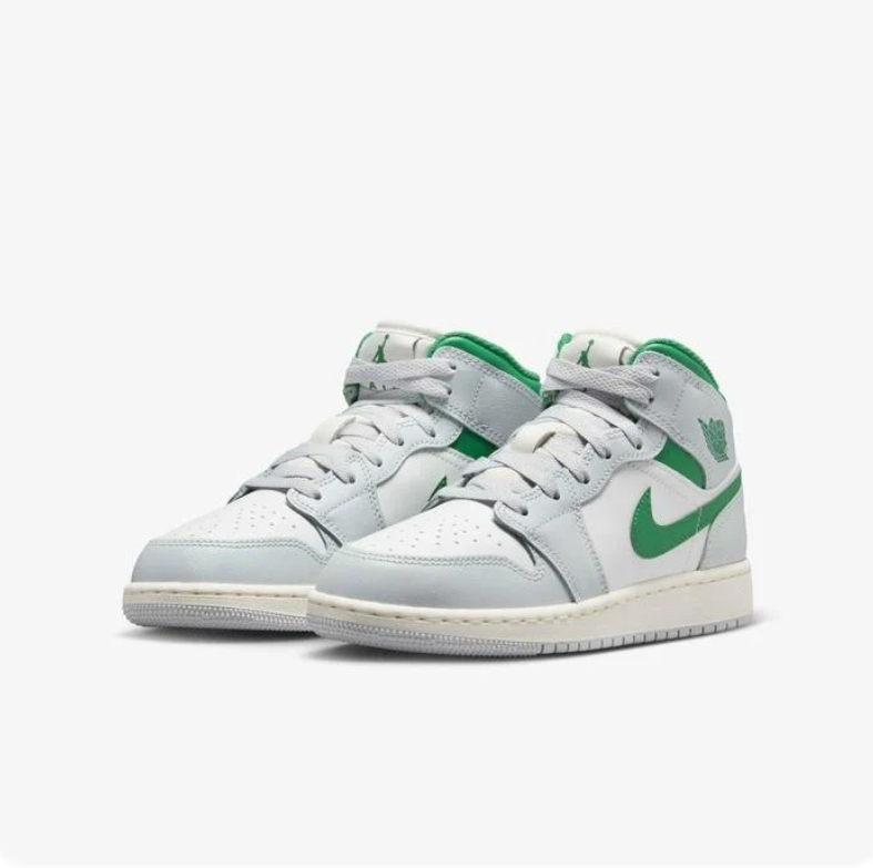 Air Jordan 1 Mid Sneakers - White & Light Gray with Green Accents