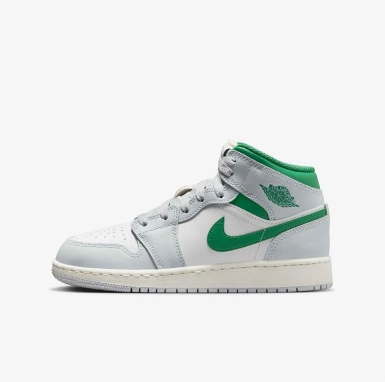 Air Jordan 1 Mid Sneakers - White & Light Gray with Green Accents