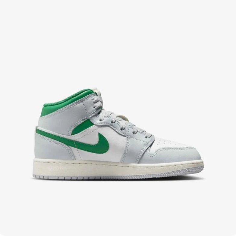 Air Jordan 1 Mid Sneakers - White & Light Gray with Green Accents