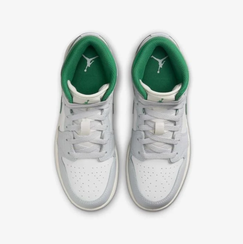 Air Jordan 1 Mid Sneakers - White & Light Gray with Green Accents