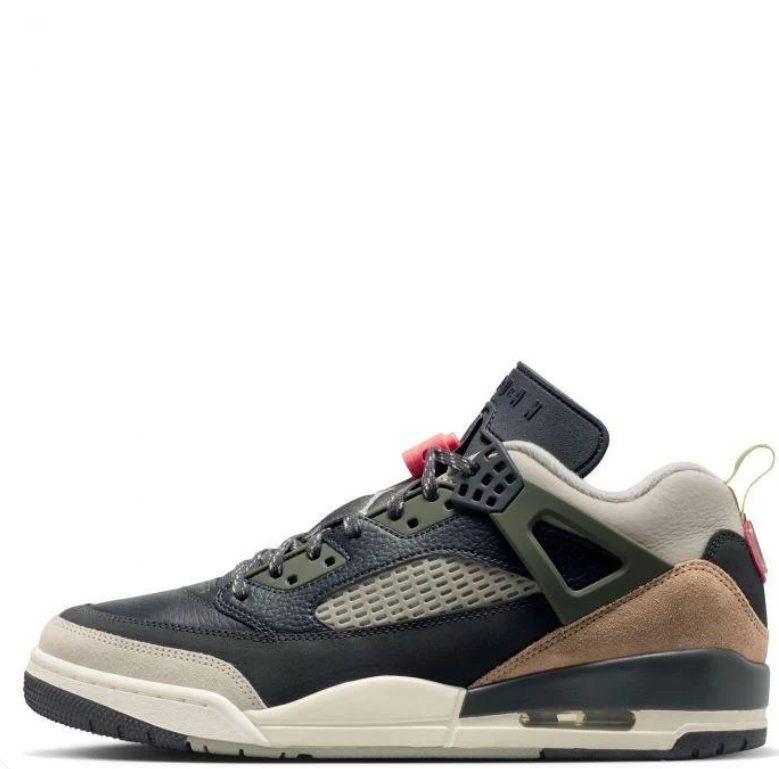 Air Jordan Spizike Low Sneakers - Black, Olive & Tan with Coral Accents