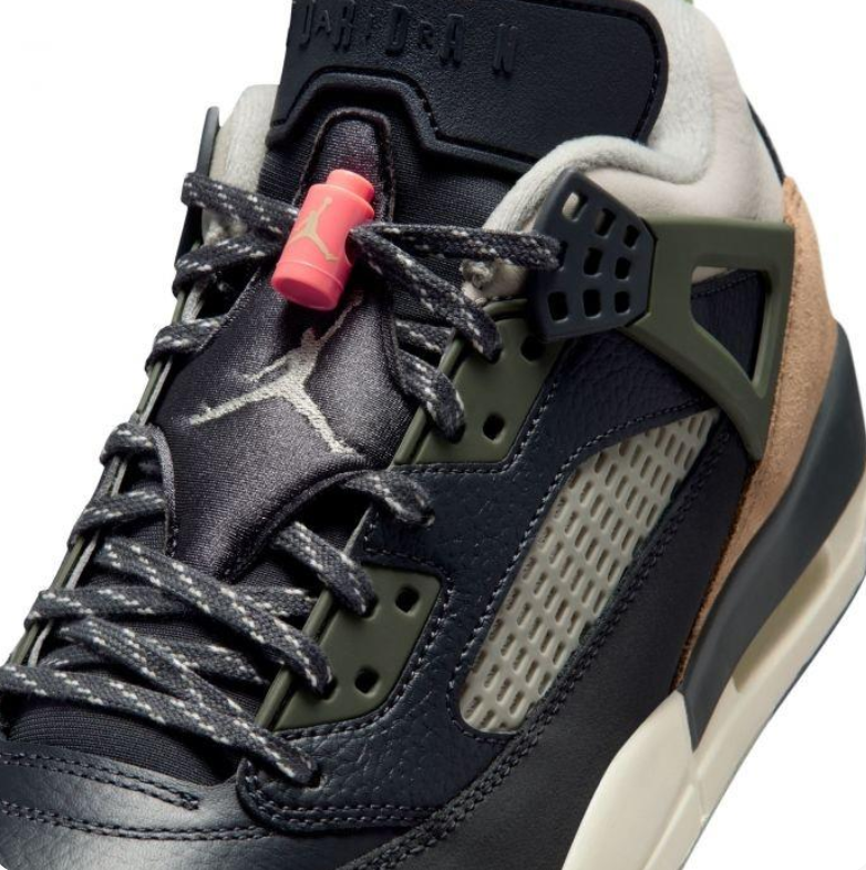 Air Jordan Spizike Low Sneakers - Black, Olive & Tan with Coral Accents