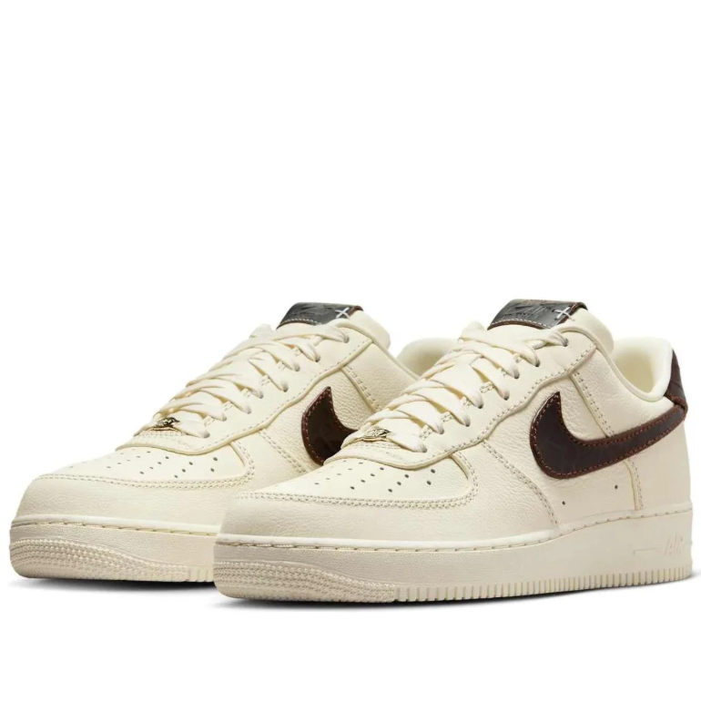 Nike Air Force 1 Low Sneakers - Cream with Glossy Brown Swooshes