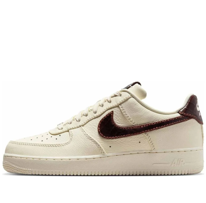 Nike Air Force 1 Low Sneakers - Cream with Glossy Brown Swooshes