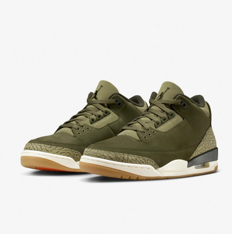 Air Jordan 3 Sneakers - Olive Green with Elephant-Print Details & Gum-Tone Outsole