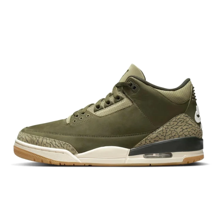 Air Jordan 3 Sneakers - Olive Green with Elephant-Print Details & Gum-Tone Outsole
