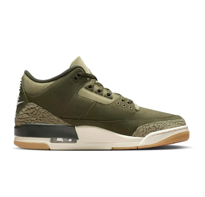 Air Jordan 3 Sneakers - Olive Green with Elephant-Print Details & Gum-Tone Outsole