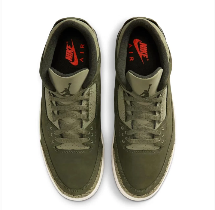 Air Jordan 3 Sneakers - Olive Green with Elephant-Print Details & Gum-Tone Outsole