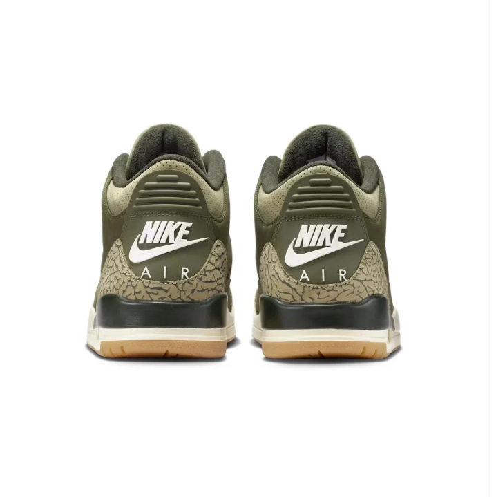 Air Jordan 3 Sneakers - Olive Green with Elephant-Print Details & Gum-Tone Outsole