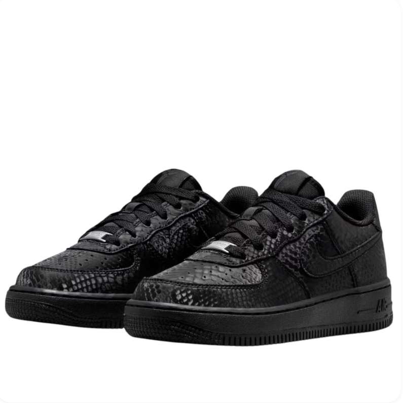 Nike Air Force 1 Low Sneakers - Black Snakeskin-Effect with 8 & 24 Heel Details