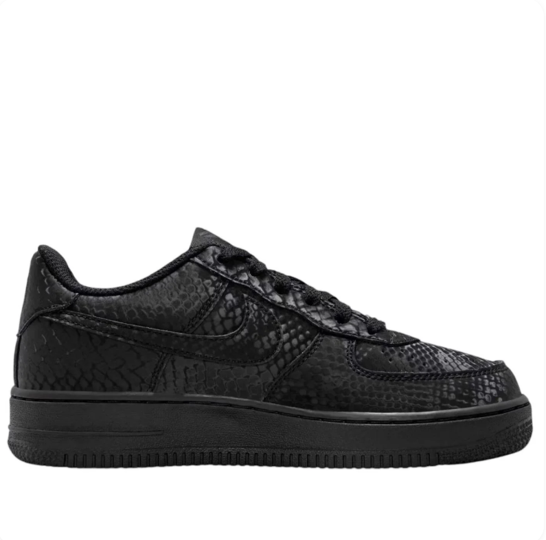 Nike Air Force 1 Low Sneakers - Black Snakeskin-Effect with 8 & 24 Heel Details