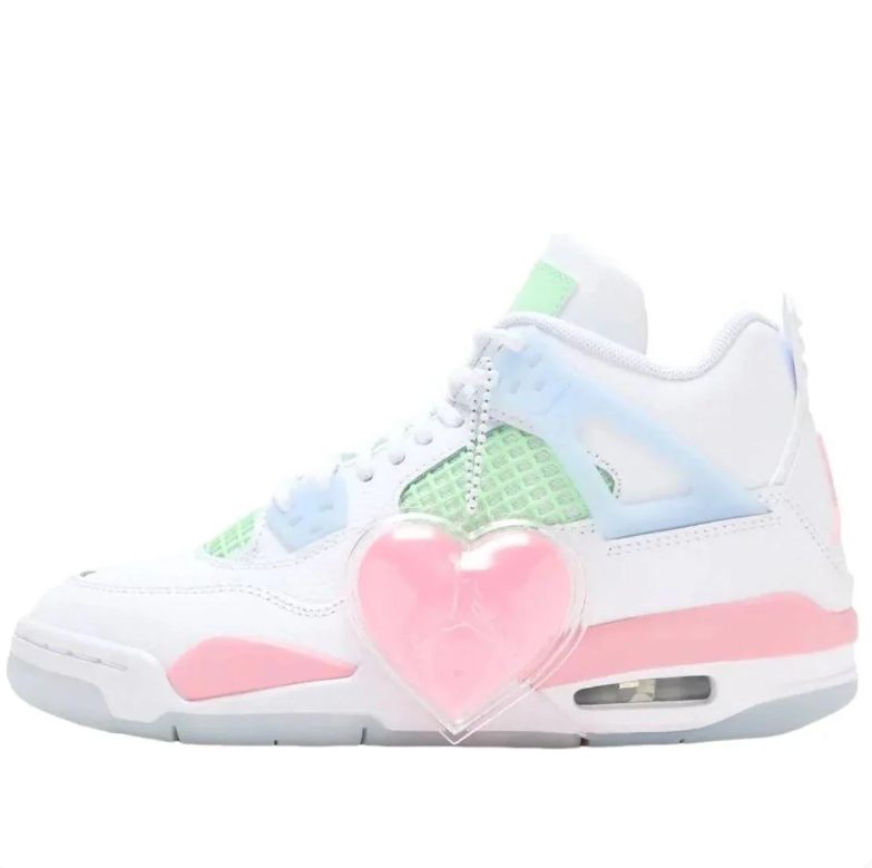 Air Jordan 4 Sneakers - White with Pastel Pink, Mint & Blue Accents