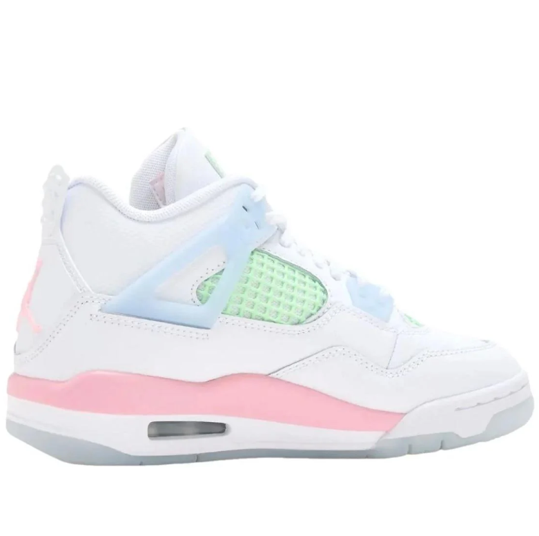 Air Jordan 4 Sneakers - White with Pastel Pink, Mint & Blue Accents
