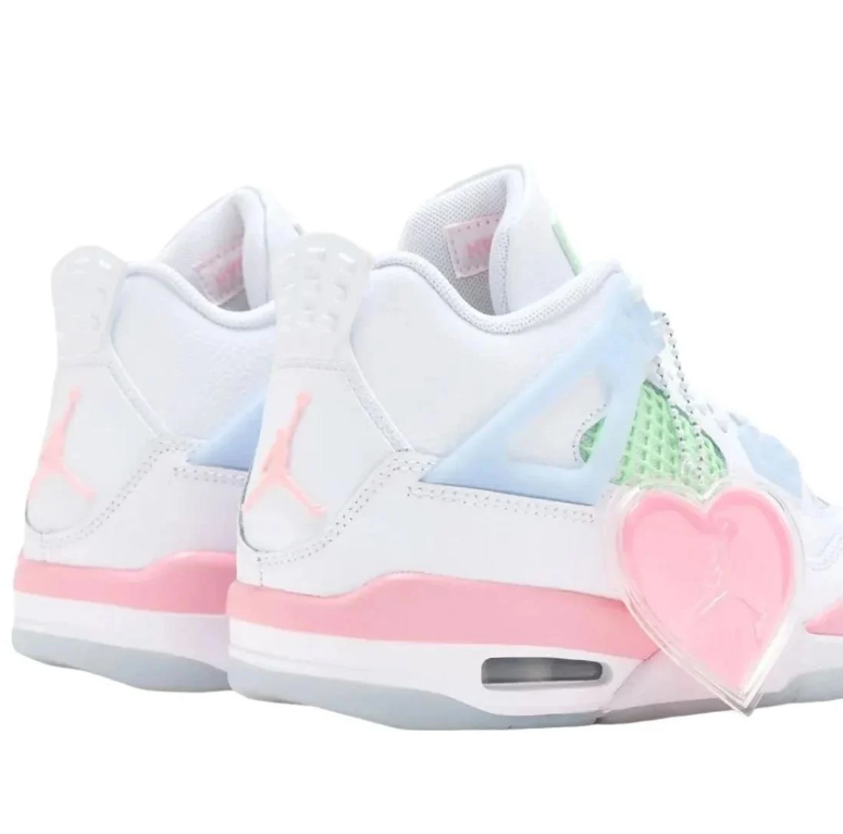 Air Jordan 4 Sneakers - White with Pastel Pink, Mint & Blue Accents