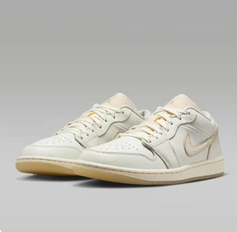 Air Jordan 1 Low Sneakers - White & Cream with Beige Swooshes