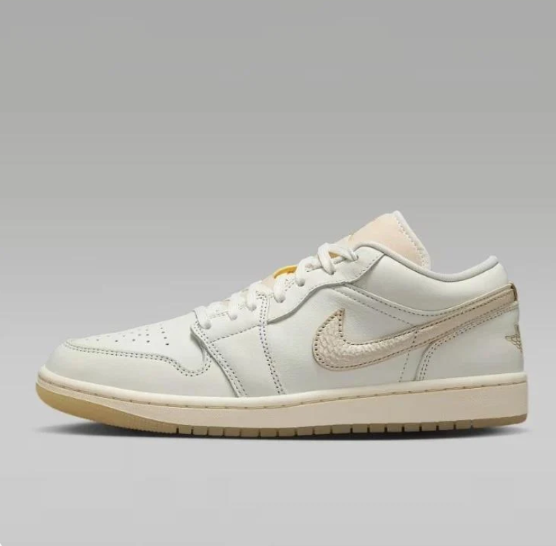 Air Jordan 1 Low Sneakers - White & Cream with Beige Swooshes