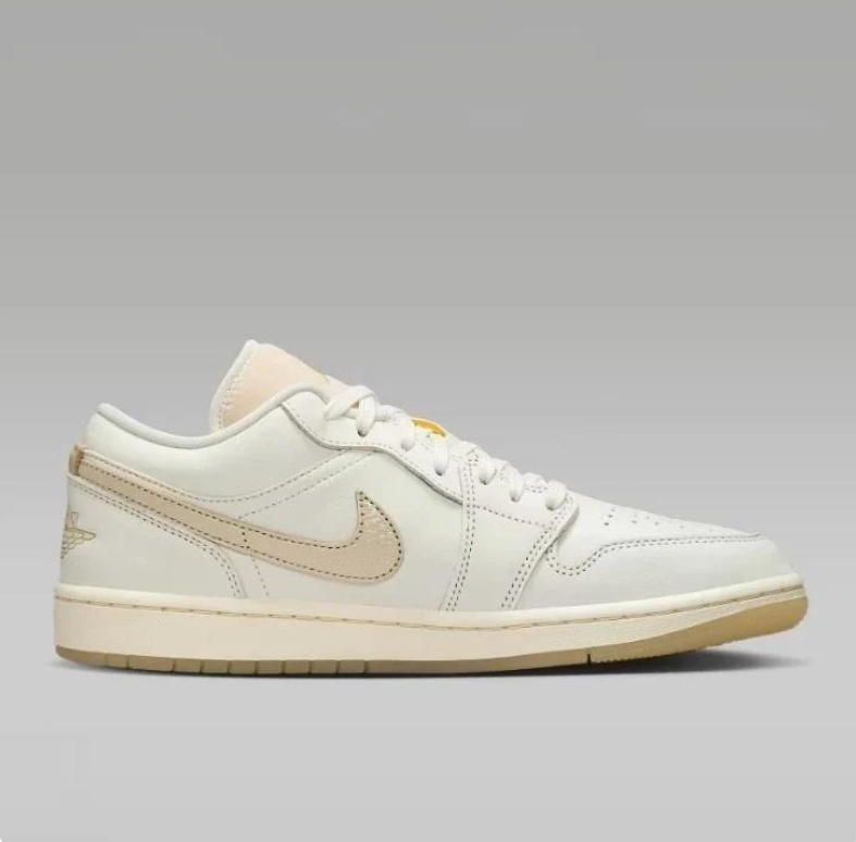Air Jordan 1 Low Sneakers - White & Cream with Beige Swooshes