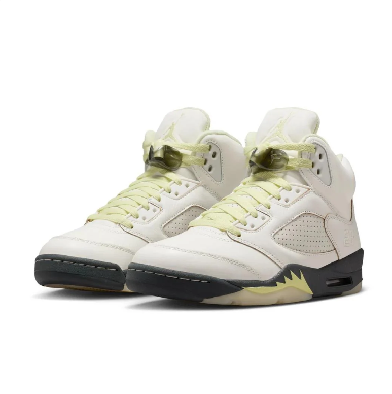 Air Jordan 5 Sneakers - Off-White with Black & Pale Yellow Accents