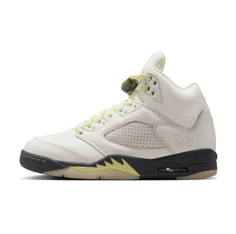 Air Jordan 5 Sneakers - Off-White with Black & Pale Yellow Accents