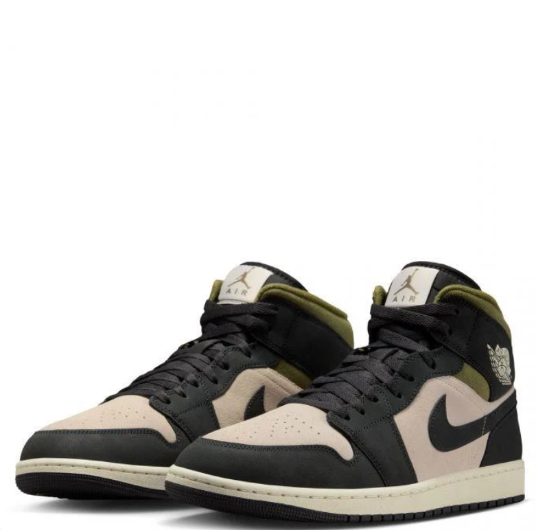 Air Jordan 1 Mid Sneakers - Black & Beige with Olive Accents
