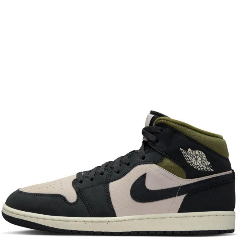 Air Jordan 1 Mid Sneakers - Black & Beige with Olive Accents
