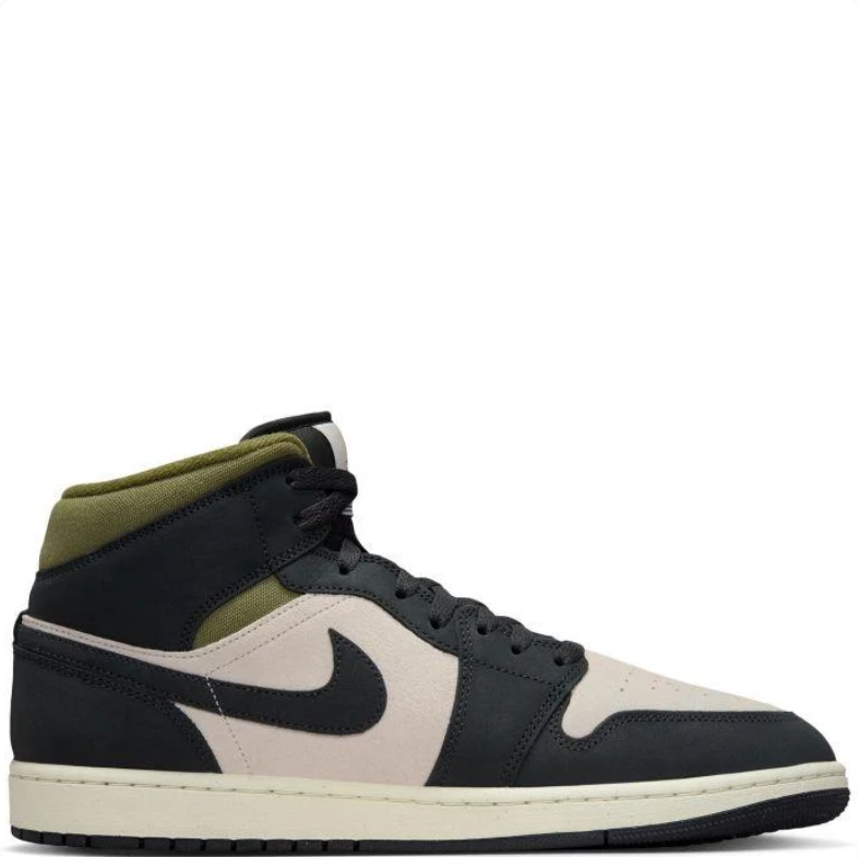 Air Jordan 1 Mid Sneakers - Black & Beige with Olive Accents