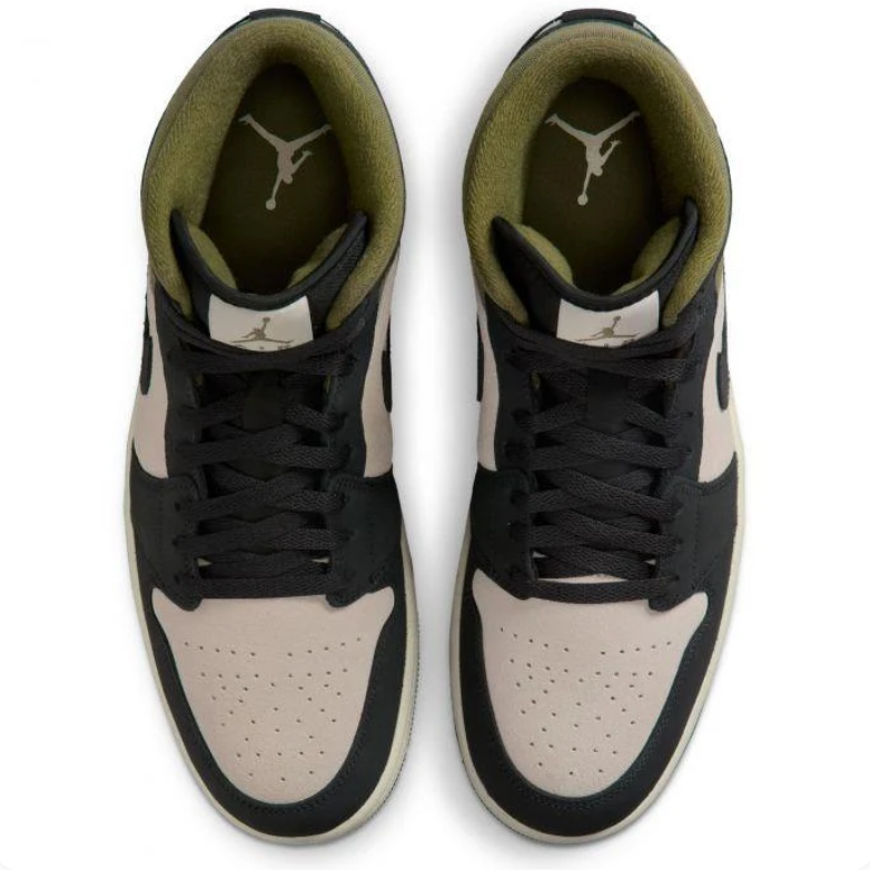 Air Jordan 1 Mid Sneakers - Black & Beige with Olive Accents