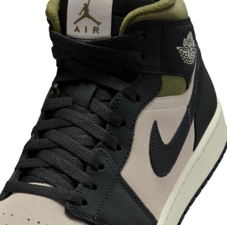Air Jordan 1 Mid Sneakers - Black & Beige with Olive Accents