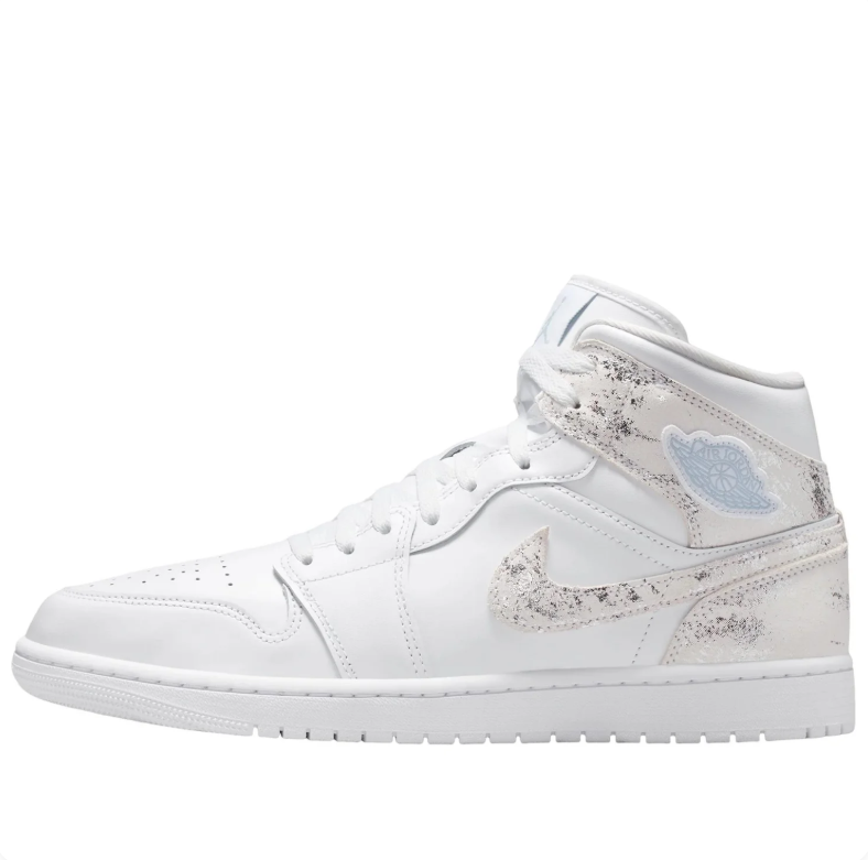 Air Jordan 1 Mid Sneakers - White with Silver-Tone Distressed Details