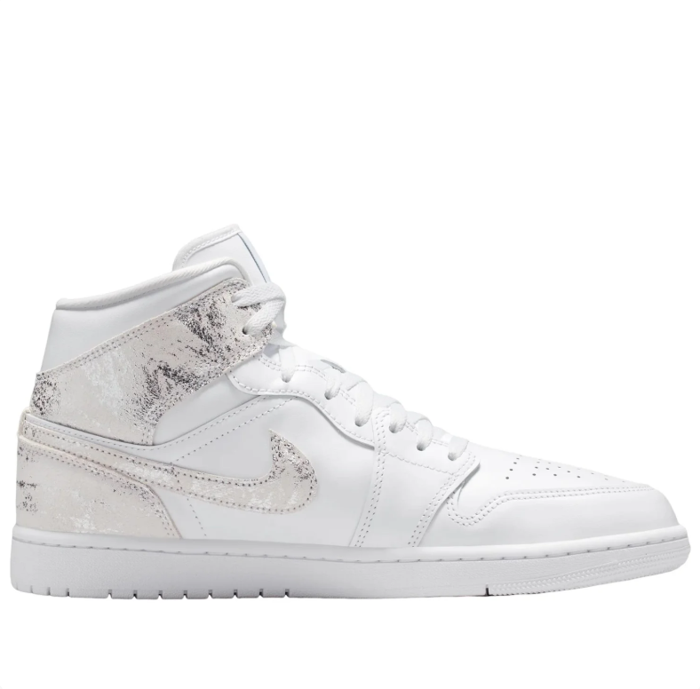 Air Jordan 1 Mid Sneakers - White with Silver-Tone Distressed Details