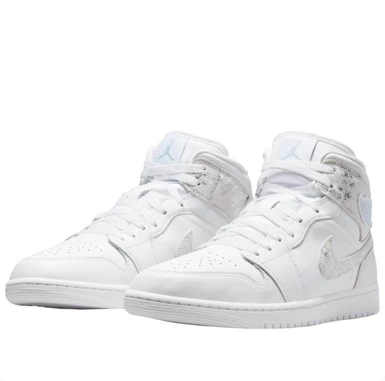 Air Jordan 1 Mid Sneakers - White with Silver-Tone Distressed Details