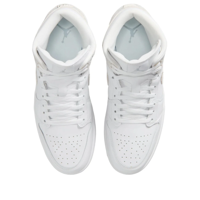 Air Jordan 1 Mid Sneakers - White with Silver-Tone Distressed Details