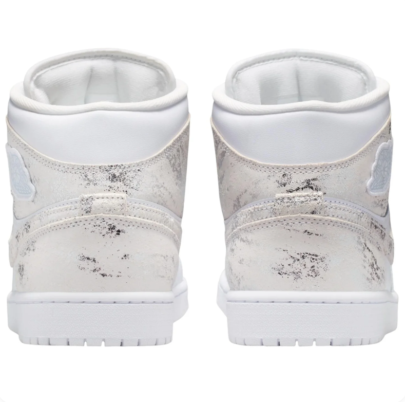 Air Jordan 1 Mid Sneakers - White with Silver-Tone Distressed Details