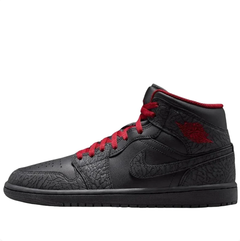 Air Jordan 1 Mid Sneakers - Black with Elephant-Print Details & Red Laces