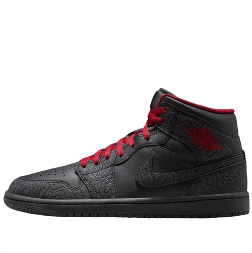 Air Jordan 1 Mid Sneakers - Black with Elephant-Print Details & Red Laces