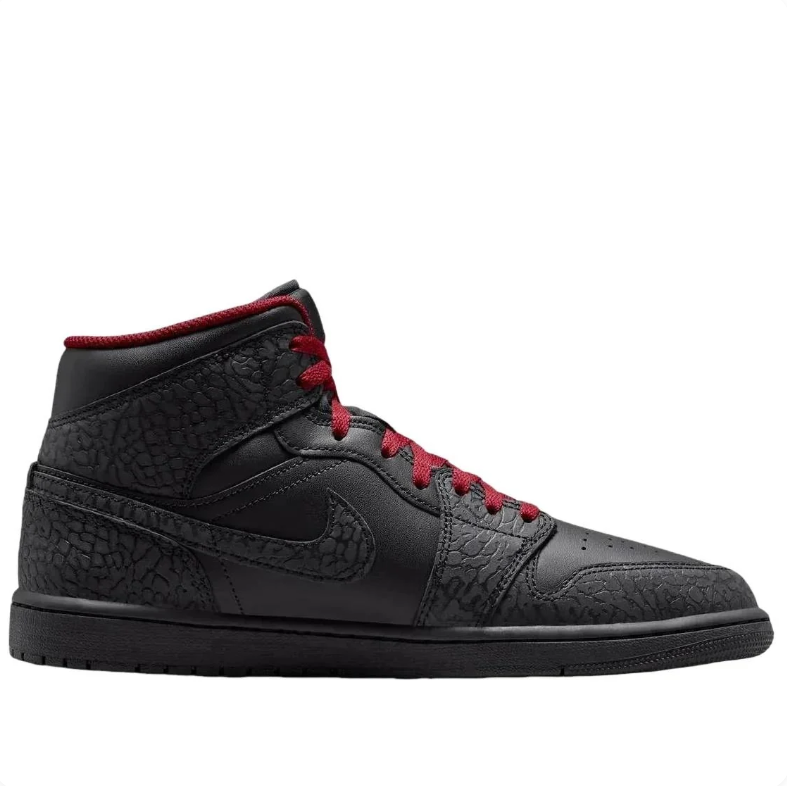 Air Jordan 1 Mid Sneakers - Black with Elephant-Print Details & Red Laces