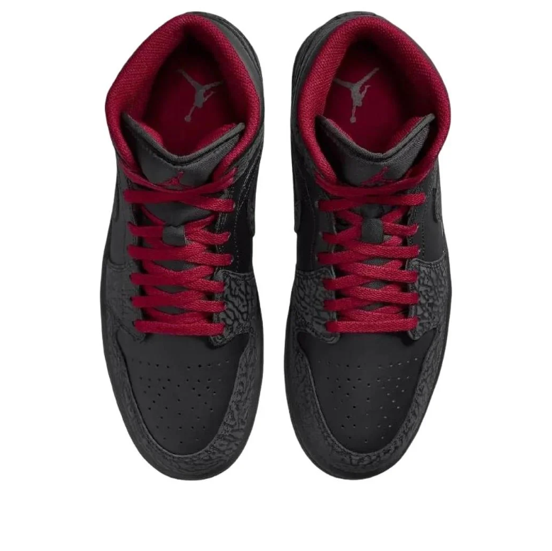 Air Jordan 1 Mid Sneakers - Black with Elephant-Print Details & Red Laces