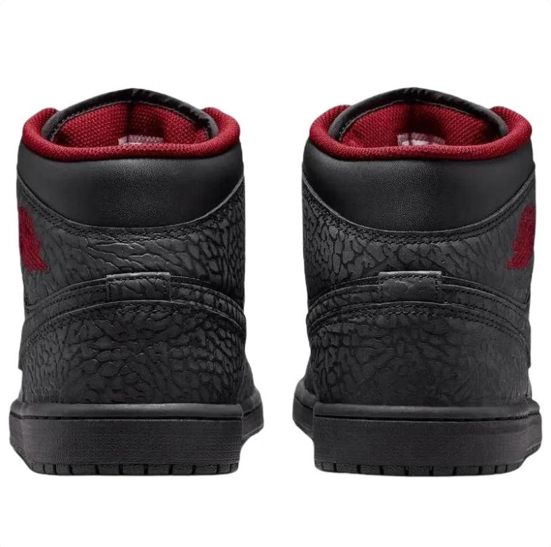 Air Jordan 1 Mid Sneakers - Black with Elephant-Print Details & Red Laces