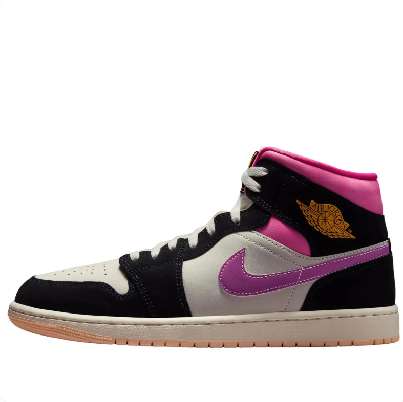 Air Jordan 1 Mid Sneakers - Black & Cream with Pink and Purple Accents