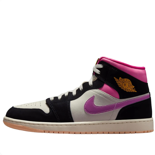 Air Jordan 1 Mid Sneakers - Black & Cream with Pink and Purple Accents