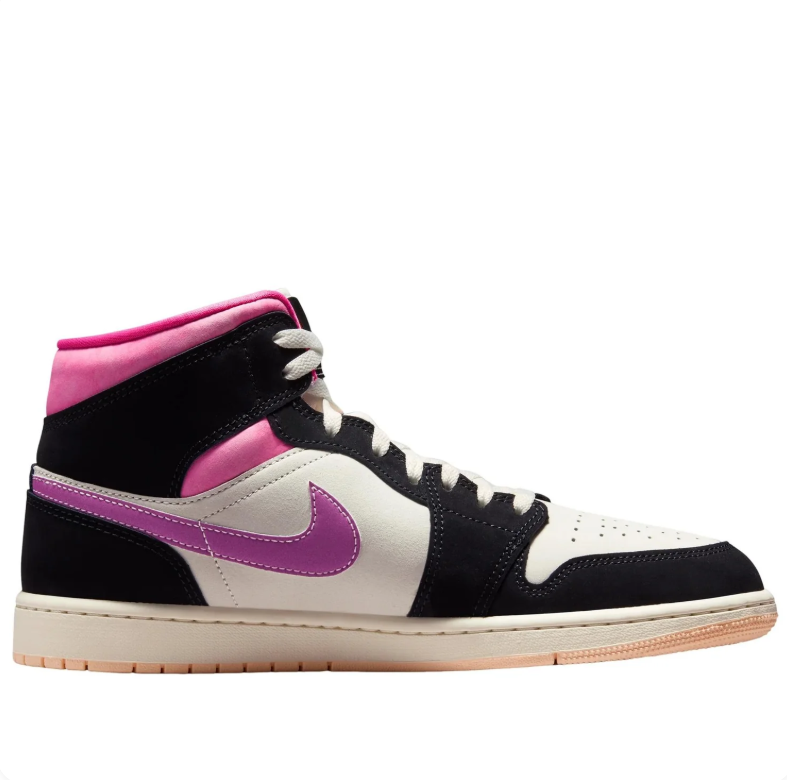 Air Jordan 1 Mid Sneakers - Black & Cream with Pink and Purple Accents