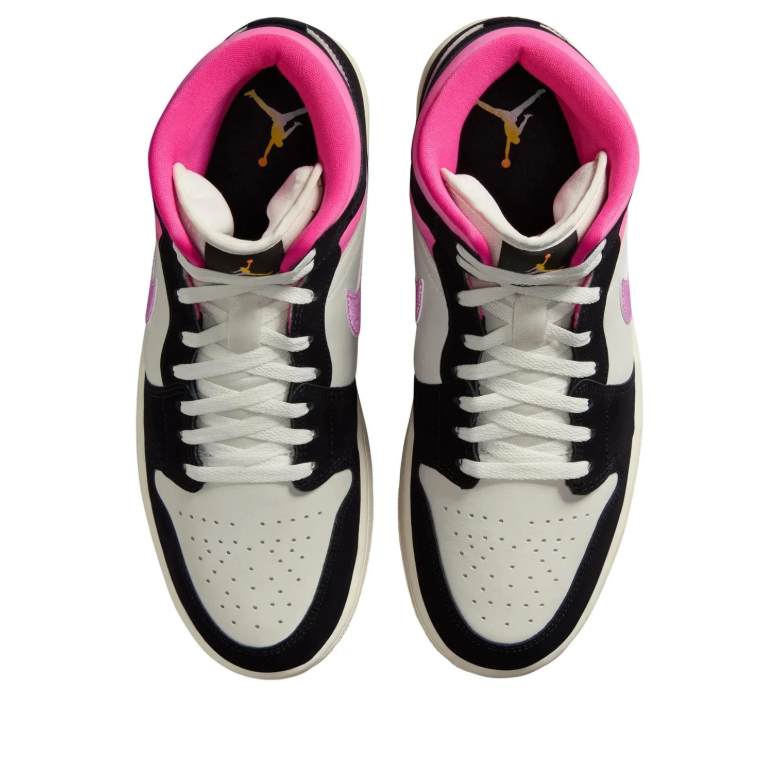 Air Jordan 1 Mid Sneakers - Black & Cream with Pink and Purple Accents