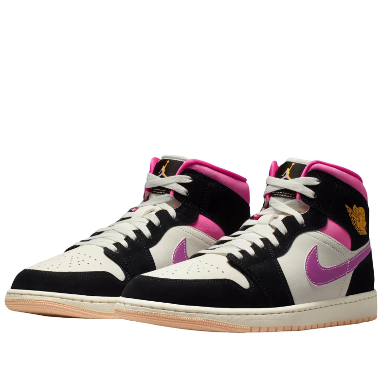 Air Jordan 1 Mid Sneakers - Black & Cream with Pink and Purple Accents