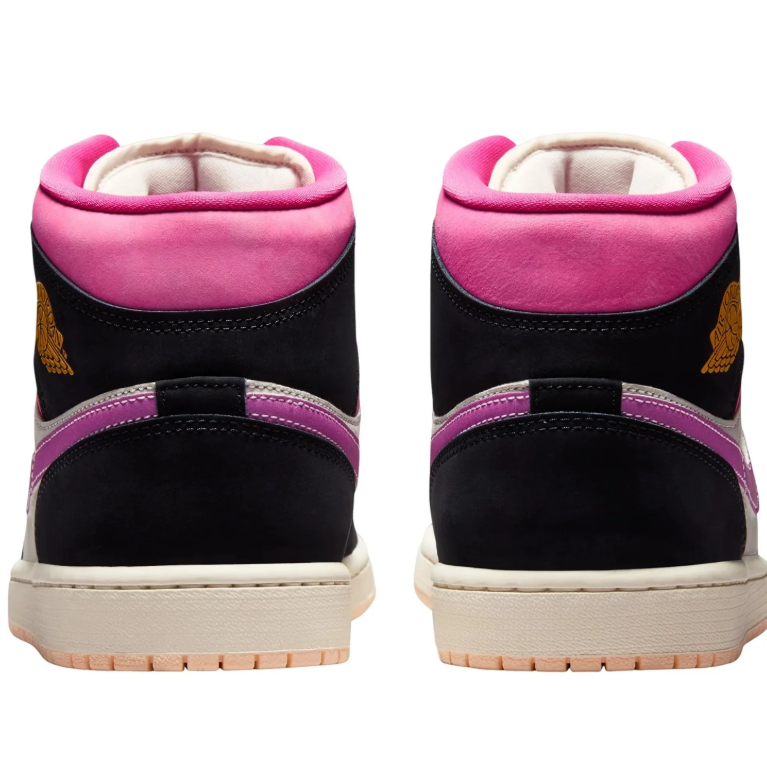 Air Jordan 1 Mid Sneakers - Black & Cream with Pink and Purple Accents
